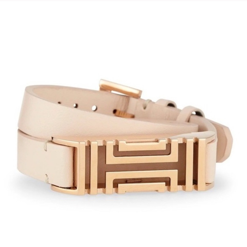 Tory Burch Fitbit Fret Double-Wrap Bracelet Band Rose Gold Tone Leather NWT